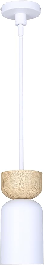 Canarm Caleb 1-Light Pendant Light, Matte White with Faux Wood Accent, Adjustable Rod Height, Minimalist Modern Lighting for Kitchen Island, Dining Room or Entryway