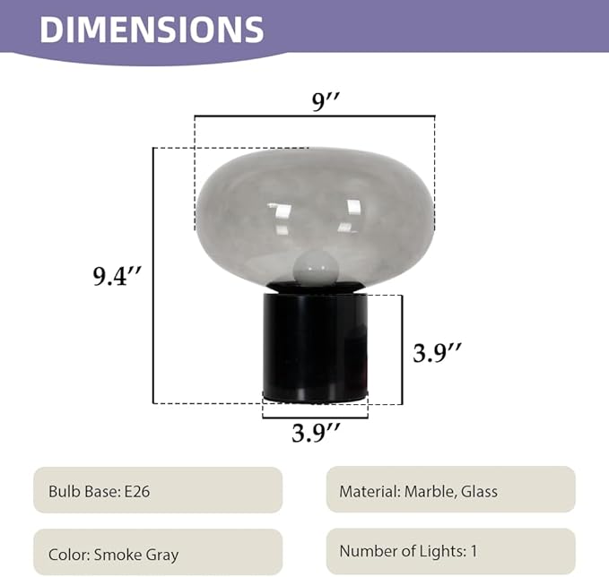 Meefad Glass Table Lamp, Mushroom Shape Bedside Lamp with Marble Base, Small Night Light for Bedroom Office Nightstand Smoke Gray Finish