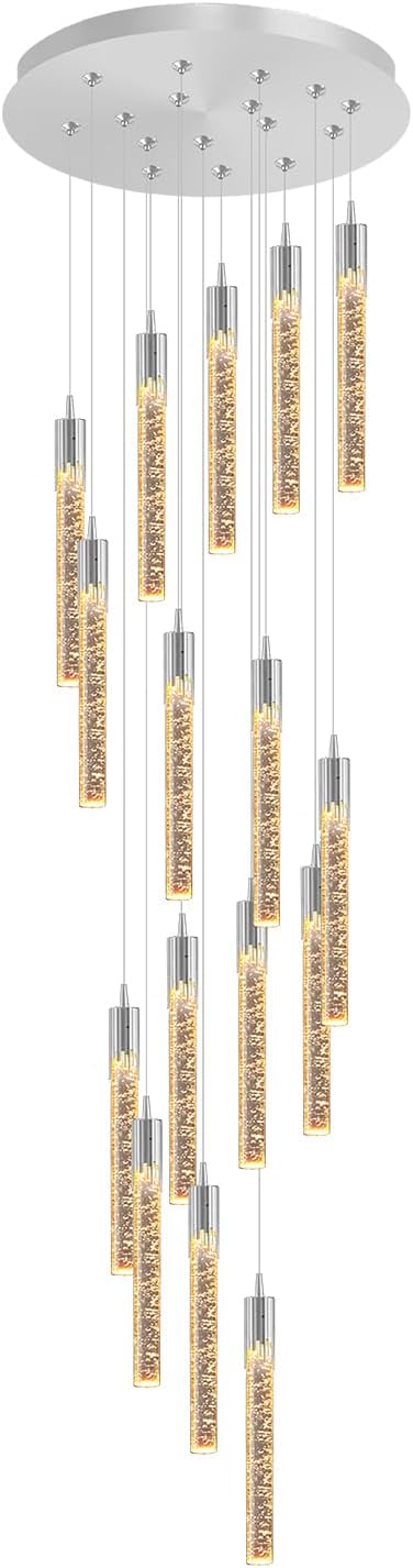 Flashing God 11feet Long Staircase Chandelier Modern Silver 16-Lights Transparent Crystal with Bubble Pendant Light High Ceiling Chandelier Dimmable 2700K-6000K Villa Entrance Foyer Lighting
