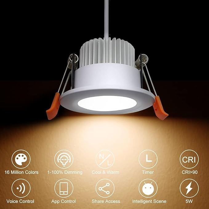 YGS-Tech Smart 3 Inch Recessed Lighting, WiFi LED Downlight 5W 120V, Compatible with Alexa and Google Home, Dimmable RGB & CCT 2700-6500K, Black Trim, LED Ceiling Light with Driver (1 Pack)