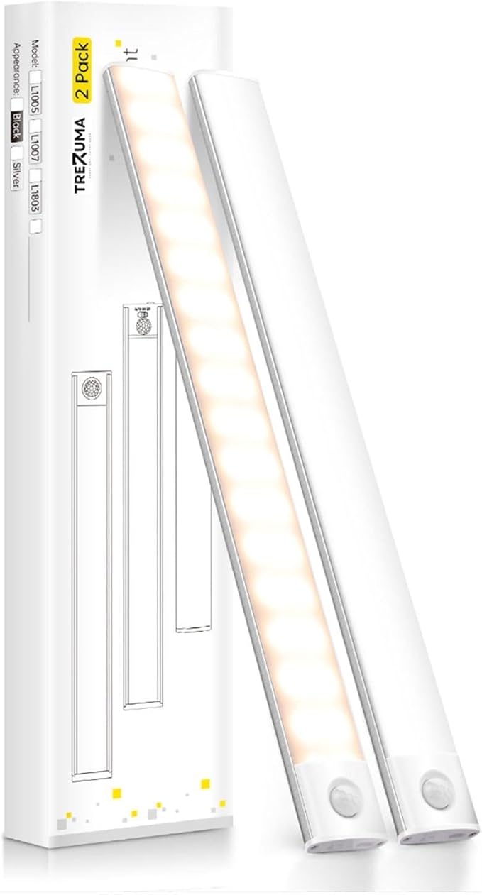 12 Inch Under Cabinet Lighting, 2 Pack 60 LED Motion Sensor Lights, 145LM USB-C Rechargeable, 2200mAh Battery, 10–100% Dimmable, 3 Color Modes, Stick-On Magnetic LED Closet Lights for Kitchen