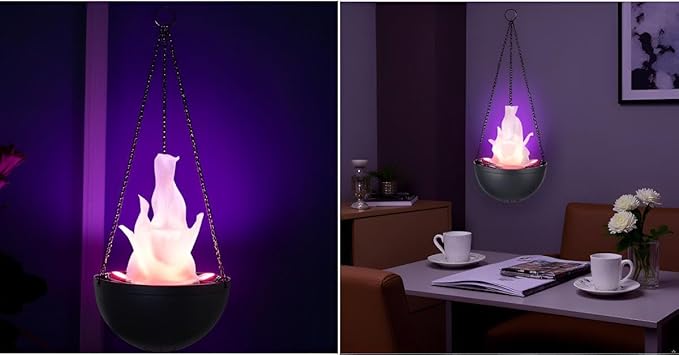 Aspen Creative 61168-25-1,LED Hanging Fire Flame Light Prop for Halloween,Christmas and Party Decor,Black Finish,Purple Flickering Light Effect
