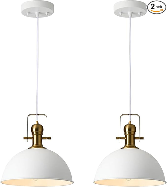 12 Inch Sandy White Farmhouse Pendant Lights for Kitchen Island Industrial Adjustable Height Vintage Dome Hanging Light Fixtures for Barn,Dining Room 2 Packs