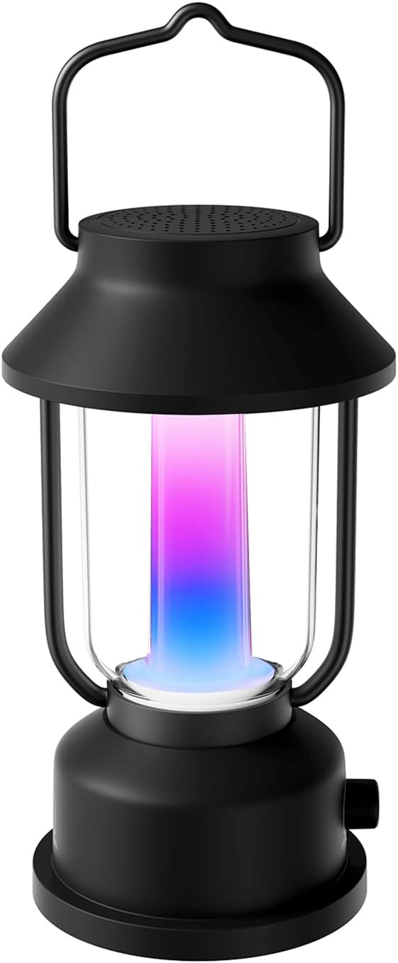 Retro RGB Portable Night Light with Bluetooth Speaker, Constant Light and Fantasy Color Two Modes, Romantic Atmosphere Lamp, Vintage Camping Light with Handle (Black)