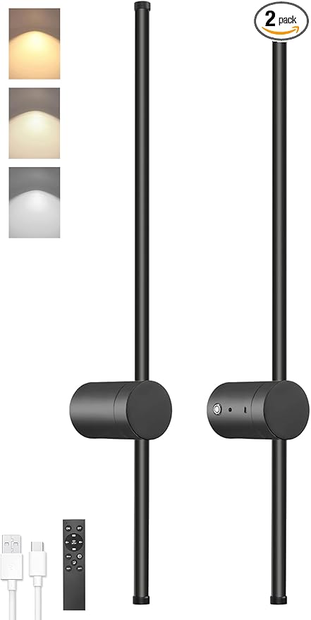BLUEYE 39-Inch Battery Operated Wall Sconce Set of Two,Remote Control,3CCT,Aluminum,60W Equivalent Rechargeable Picture Light,Aesthetic Decor,For Living room,Hallway,Bedroom,Non-Hardwired/Power outage