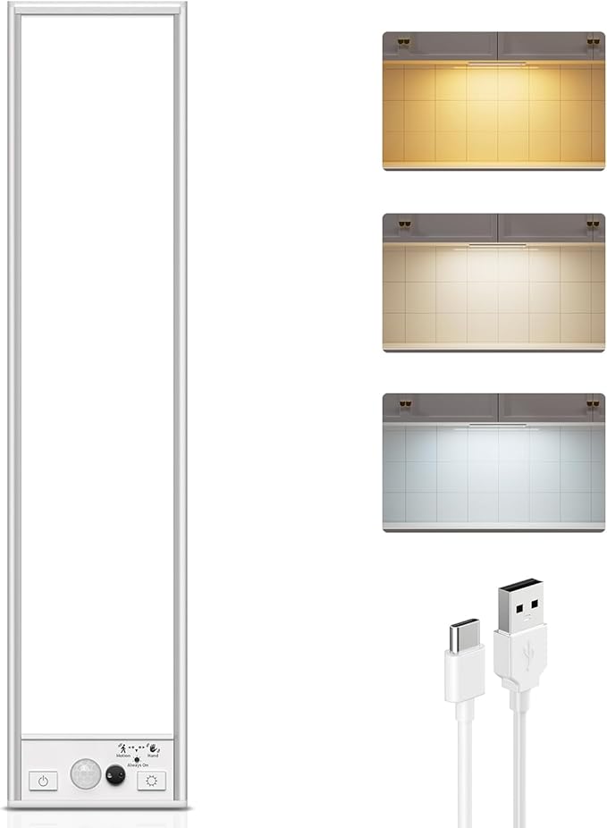 Under Cabinet Lighting Wireless,750LM Ultra-Bright Hand Wave Motion Sensor, 6000mAh Rechargeable Battery Longer Lasting Time Pantry Lights,3 Colors Dimmable Closet Light for Kitchen,Wardrobe,Stairs