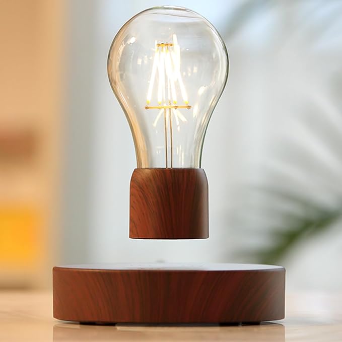 VGAzer Magnetic Levitating Floating Wireless LED Light Bulb Desk Lamp for Unique Gifts, Room Decor, Night Light, Home Office Decor Desk Tech Toys (Round Wooden Base..)