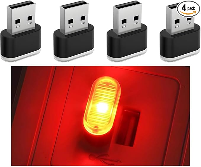 4PCS USB LED Car Interior Atmosphere Lamp, Portable Plug-In Mini Vehicle Night Light, Automotive Trunk Ambient Lighting Decoration Kit, Universal for SUV Sedan Truck (Red)