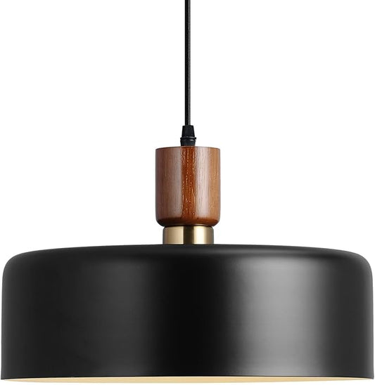 Eustace 13.8 inch Large Pendant Light, Adjustable Metal Chandelier with Solid Wood and Brass Accent, Modern Hanging Light Fixtures for Kitchen Island, Bar, Dining Room, Bedroom, Living Room
