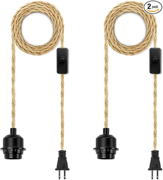 2Pack Plug in Pendant Light Cord, Farmhouse Hanging Lights with Plug in Cord, 15FT Hemp Rope Plugin Hanging Light Cord Kit with On/Off Switch, E26 E27 LightSocketCord