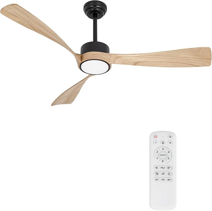 Ceiling Fan with Lights,52 Inch Wood Ceiling Fans with Remote Control,Dimmable Light,3 CCT,6 Speeds,Noiseless DC Motor,2 downrod,Ceiling Fan for Bedroom,Living Room,Office,Indoor,Natural Wood Grain