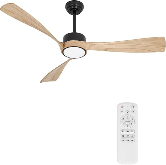 Ceiling Fan with Lights,52 Inch Wood Ceiling Fans with Remote Control,Dimmable Light,3 CCT,6 Speeds,Noiseless DC Motor,2 downrod,Ceiling Fan for Bedroom,Living Room,Office,Indoor,Natural Wood Grain