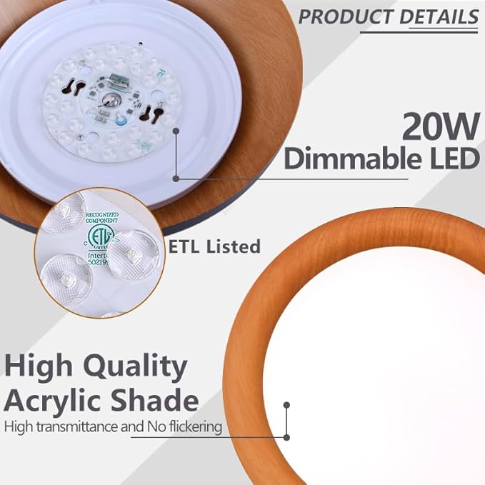 Bargeni Flush Mount Ceiling Light,12.5 inch LED Ceiling Light Fixture,5CCT Dimmable/2700K-6000K/20W, Matte Black with Wood Accent,Mid Century Light Fixtures Ceiling Mount,ETL Certified