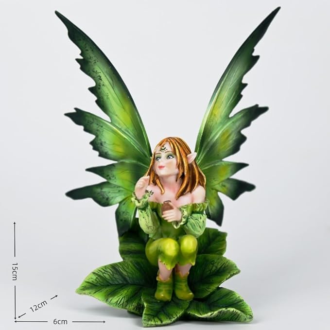 Fantasy Leaf Base Fairy Figurine, 5.9 Inch Green Elf Statue, Hand-Painted Resin Indoor Outdoor Decor for Garden, Desk, Plant Pot (Green Gradient)