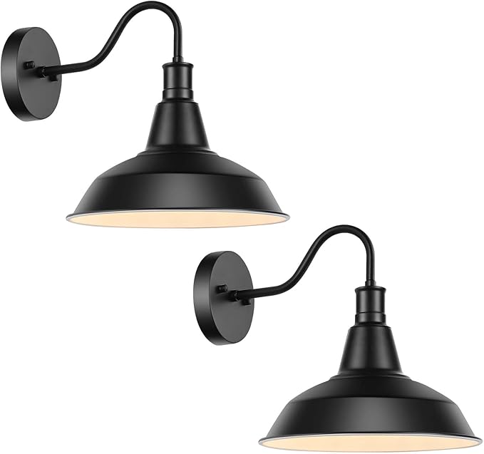 Industial Outdoor Gooseneck Wall Sconces Set of 2, Vintage Wall Mount Light Exterior Wall Lighting Fixture Black Farmhouse Barn Light for Porch, Entryway, Garage