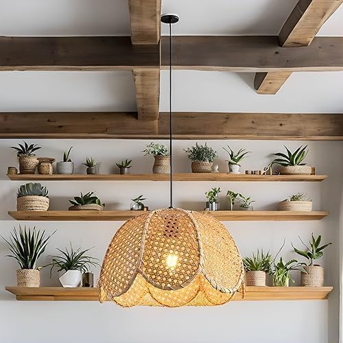 15.75" Rattan Pendant Light Boho Natural Rattan Hanging Lamp,1-Light Hand-Woven Flower Shaped Ceiling Chandelier for Dining Living Bedroom Kitchen Farmhouse