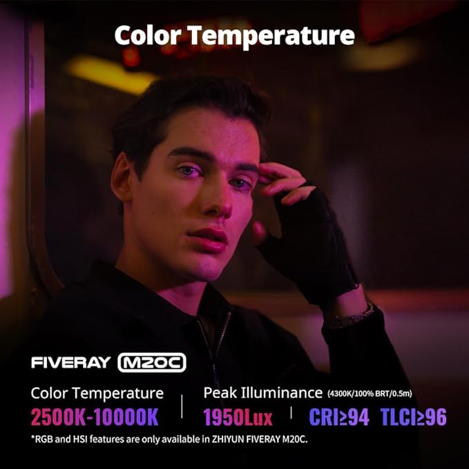 ZHIYUN FIVERAY M20C Combo RGB Video Light, 20W 2500K-10000K Portable Camera Light, HSI Mode, 16-Effects Temperature, Support Magnetic Attraction and APP Control,USB-C PD
