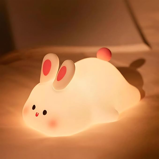 Big Face Rabbit Night Light, 3-Level Pat Control & Cute Squishy Lamp for Kids Room, USB Rechargeable with Timer, Easter Gifts