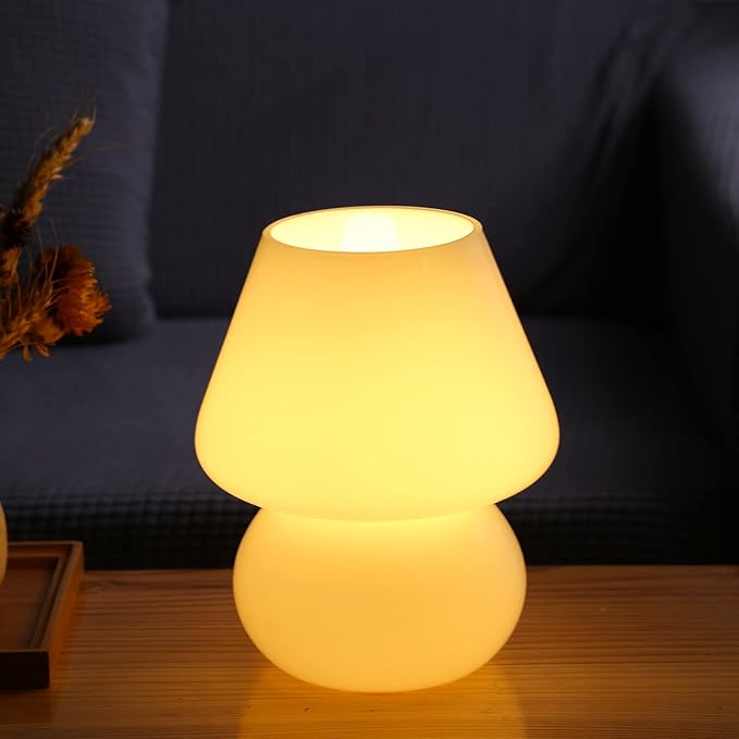 Mushroom lamp,Glass Mushroom Bedside Table Lamp Translucent Murano Vintage Style Striped Small Nightstand Desklamp Swirl Light for Home Decor, Dining, Living, Bedroom, Gift (Matte White)