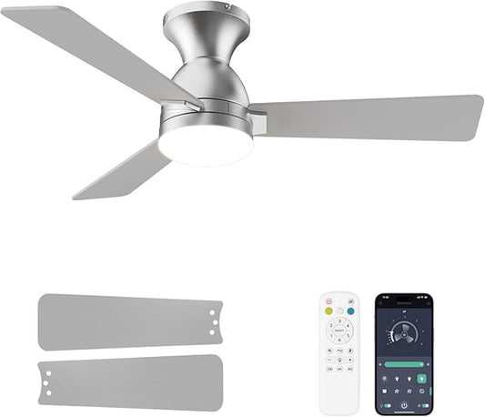 Ceiling Fans with Lights and Remote, 42 Inch Ceiling Fan with Light, Low Profile, Reversible, Dimmable LED, Flush Mount, Quiet, DC Motor, Nickel Ceiling Fan for Bedroom, Kitchen, Dining Room