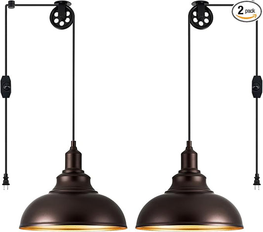 Oil Rubbed Bronze Pendant Light Hanging Lamps for Living Room Plug in 15FT Dimmable Switch Adjustable Pulley Hanging Lights with Cord for Kitchen Bedroom 2 Pack