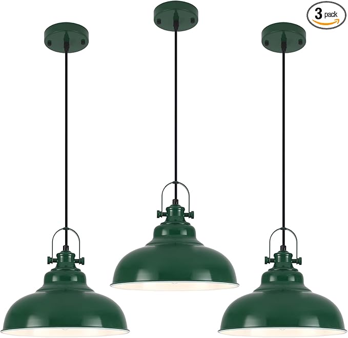 Green Dome Pendant Light, Green Pendant Light Kitchen Island 3 Pack, 11.41 Inch Farmhouse Pendant Lights, Hanging Light Fixture for Kitchen Island, Dining Room, Living Room