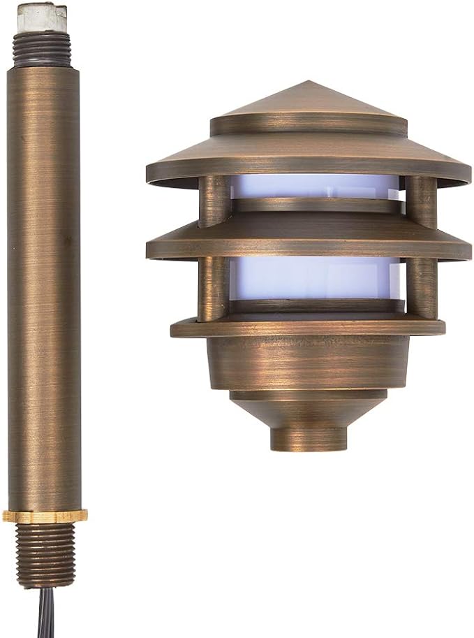 VOLT 12V 3-Tier Brass Pagoda Path Light (Bronze) for Low Voltage Landscape Lighting on Outdoor Pathway, Walkway, Garden, Driveway or Patio