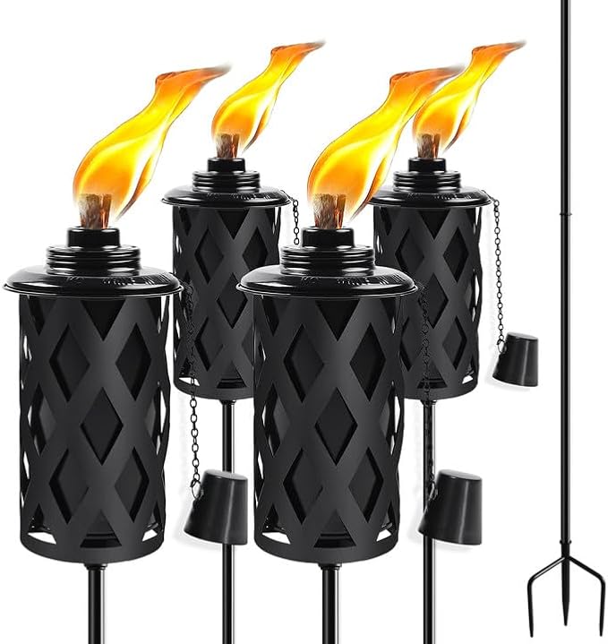 Citronella Torches for Outside Set of 4, 16 Oz Outdoor Torches with 3-Prong Grounded Stake, 59 Inch Metal Torch for Garden Décor, Outside Torches for Backyard, Garden, Patio (Black