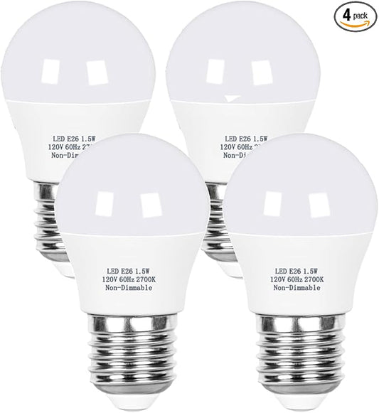 Vgogfly 1.5W Low Wattage Light Bulb - 15W Equivalent 2700K Soft White A15, E26 Base Night Light for Bedroom Nursery Hallway, Energy Saving LED Bulb for Small Lamps & Vintage Fixtures (4-Pack)
