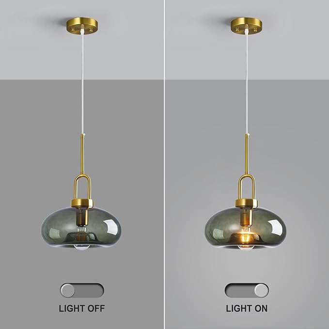 Gray Green Glass Pendant Lights Kitchen Island Gold Pendant Light Fixtures Adjustable Height Modern Pendant Lighting for Bedroom Dining Room (1-Pack)