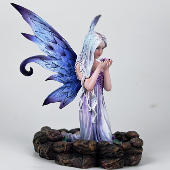 Fantasy Blue-Purple Flower-Holding Fairy Figurine, 16cm Gradient Wings Elf Statue, Hand-Painted Resin Decor for Ritual Space, Vanity & Garden