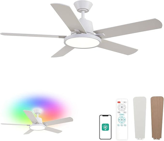 Orison Ceiling Fans with Lights, 52 inch Low Profile Ceiling Fan with RGB Backlight, Flush Mount Ceiling Fan with Remote and App Control,White Bedroom Fan, 6 Speeds, 3 Reversible Blades (White RGB)