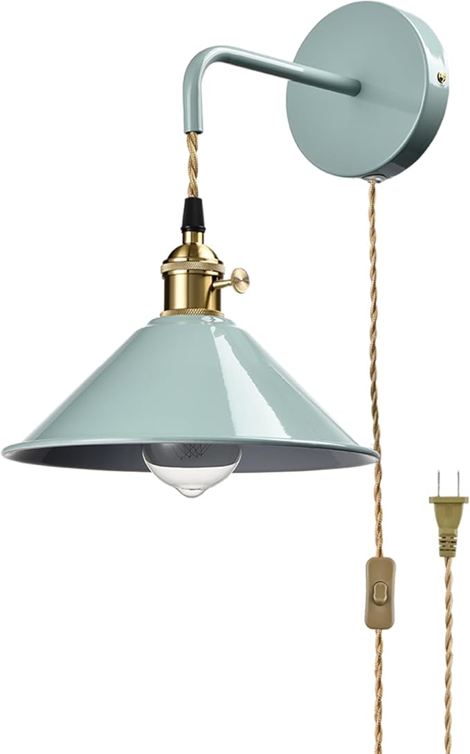 Sea Green Wall Sconce 2-Pack, Hanging Height-Adjustable Wall Lamp, Plug-in&Hardwire Optional Wall Light Fixture with On/Off Switch for Bedroom Coffee Bar