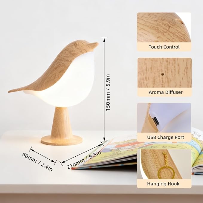 Bird Cordless Table Lamp, Small Cordless Bedside Lamp with 3 Color Temperature, Touch Sensor & Rechargeable Battery - Night Light for Kids, Bedroom, Bedside (Light+Light)