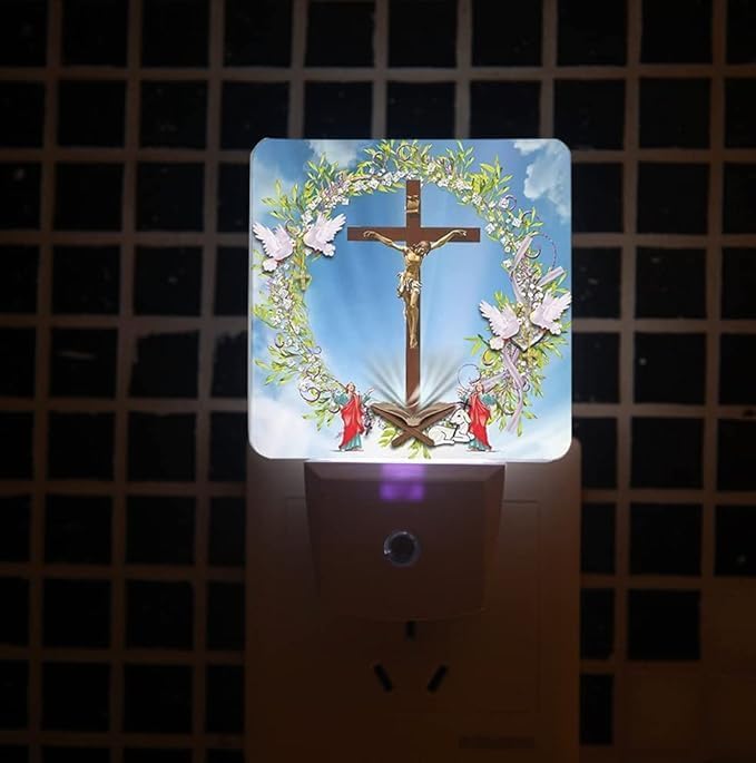 Jesus Cross Plug-in Night Light,Christian Brightness Lily Light Easter Lamp Auto Dusk to Dawn Sensor Nightlights Plug into Wall,Faith Religious Nightlight Home Decor for Kids Bedroom,Bathroom,Hallway