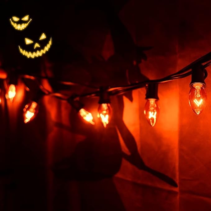 25 Pack C7 Orange Halloween Replacement Bulbs C7 Clear Outdoor String Light Replacement Bulbs, C7/E12 Candelabra Base, 5 Watt
