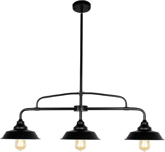 Modern Farmhouse Black Pendant Lighting Fixture, 3-Lights Industrial Linear Chandelier Metal Hanging Lamp for Kitchen Island Dining Room Living Room Hallway Pool Table