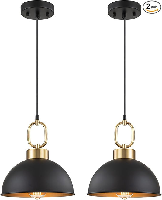 2 Pack Black Pendant Lights Kitchen Island, 10'' Farmhouse Industrial Pendant Light Fixtures, Adjustable Height Modern Dome Hanging Light for Kitchen Dining Room Entryway Bar