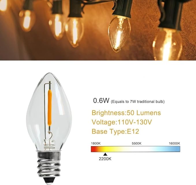 KGC 50Pack C7 LED Christmas Light Bulb, E12 Base LED Bulbs, 2200K Warm White 50LM, Clear Plastic Night Lights C7 Replacement Bulbs for Christmas String Lights.