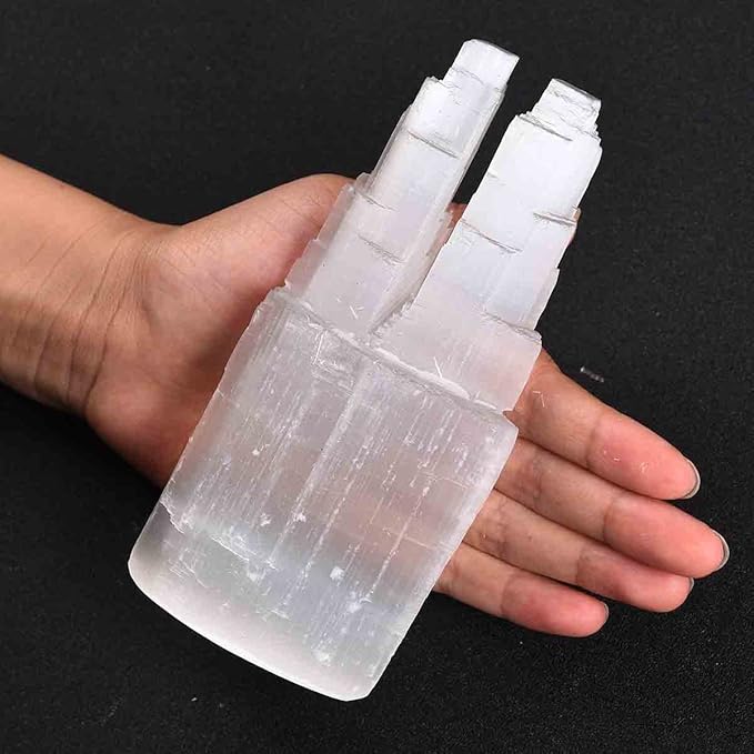 JIC Gem USB Selenite Skyscraper Healing Crystal Lamp 6 Inch with Wooden LED Light Stand Base