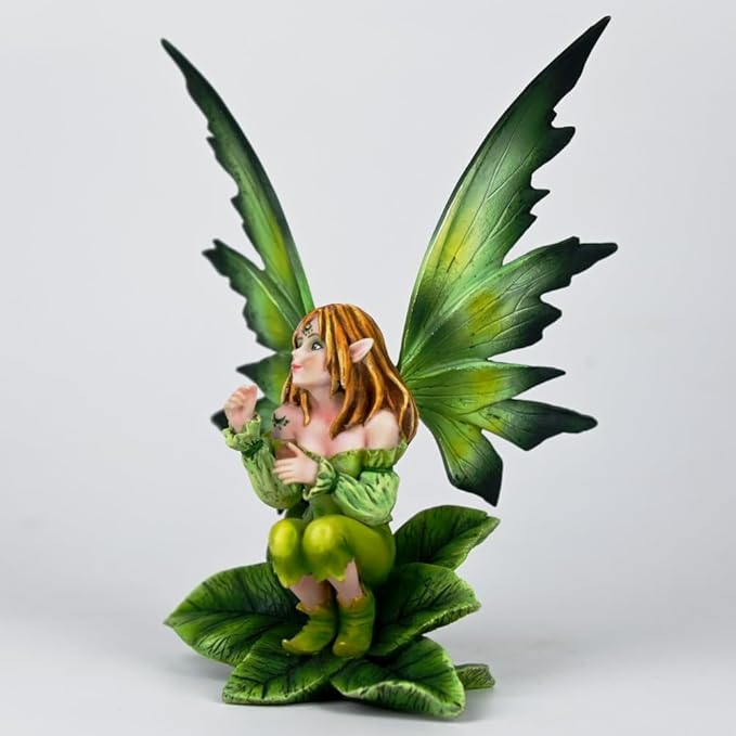 Fantasy Leaf Base Fairy Figurine, 5.9 Inch Green Elf Statue, Hand-Painted Resin Indoor Outdoor Decor for Garden, Desk, Plant Pot (Green Gradient)