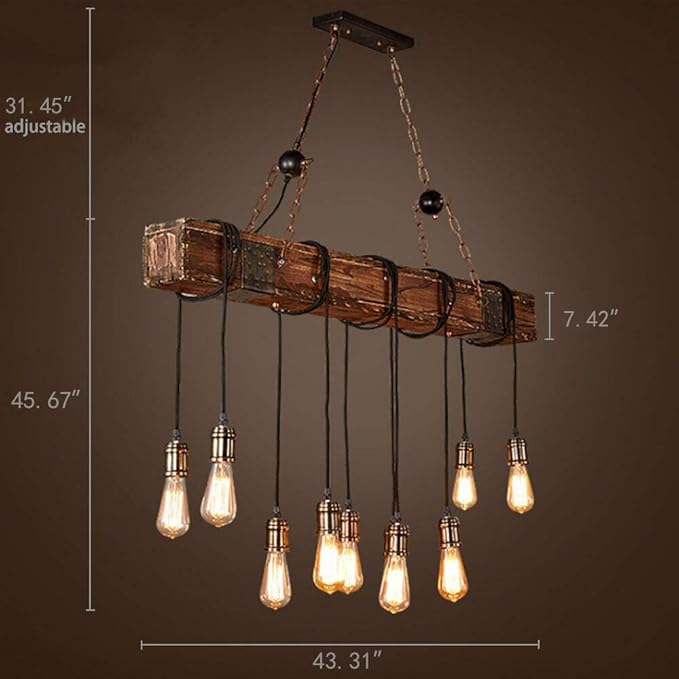 Rustic Farmhouse Chandeliers for Dining Room & Kitchen Island 10-Light Adjustable Wooden Pendant Lighting 43.3" Retro Ceiling Hanging Light for Bar & Pool Table