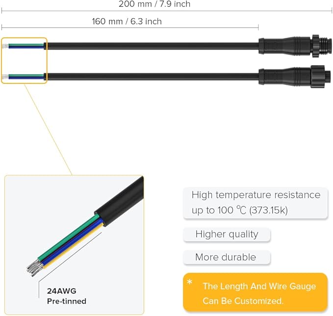 BTF-LIGHTING 5 Pin Electrical Metal nut Connector 22AWG IP68 Male Female Connector 7.87in/20cm Extension Cable for Car,Truck,Boat,Indoor/Outdoor LED Strip Lights/String 15mm Metal Nut Small Size