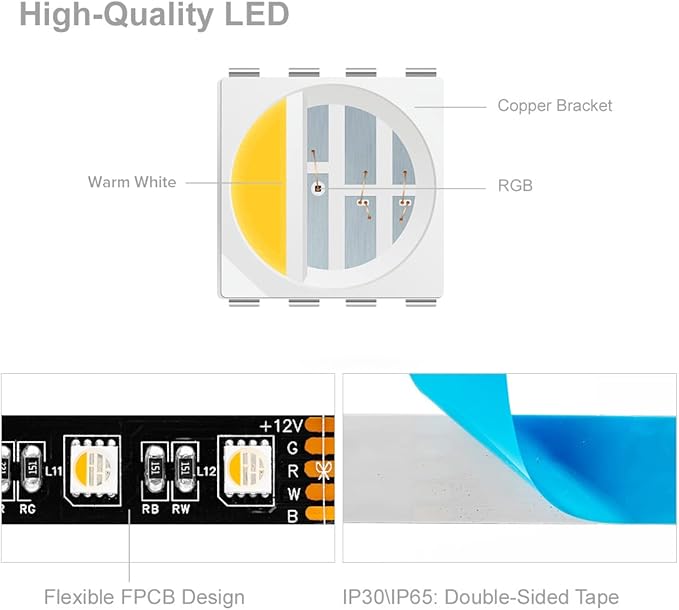 BTF-LIGHTING 5050 RGBW RGB+Warm White(2700K-3000K) 4 Colors in 1 LED Tape Light DC12V 5m 16.4ft 60LED/m Multi-Colored IP65 Black 12mm PCB for Bedroom Kitchen Home Decoration(No Adapter or Controller)