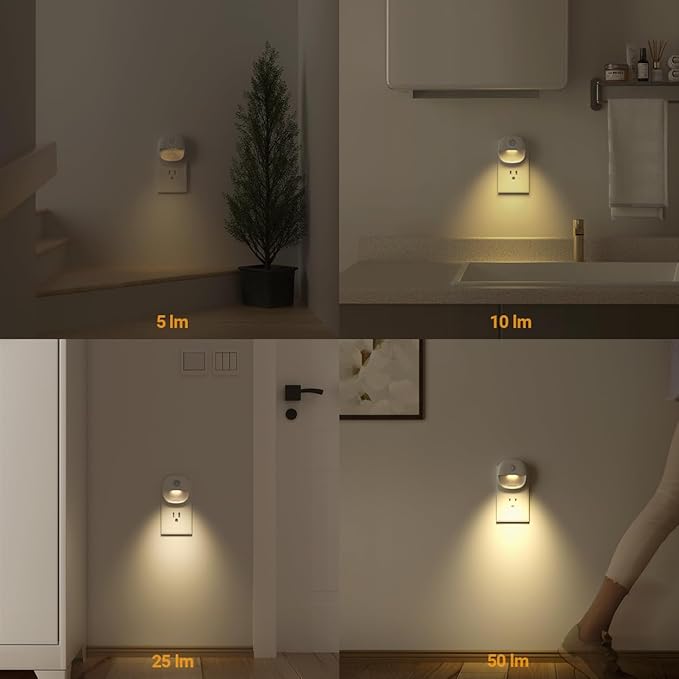 Lyridz Plug in Night Light with Motion Sensor and Dusk to Dawn Sensor, Dimmable Warm Nightlight with 1-50lm Adjustable Brightness Indoor for Bedroom, Bathroom, Stairs, Hallway, 2 Pack
