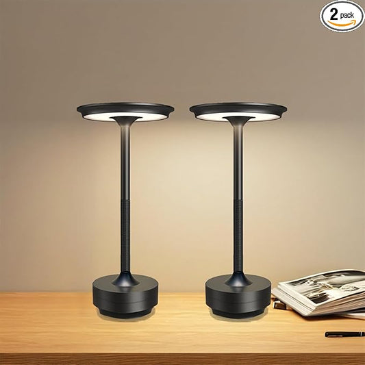Ecolume Cordless Table Lamp,LED Portable Battery Operated Lamp, Dimmable Stepless 3-Color LED with Memory Function. Portable for Home Office/Dinner/Restaurant/Living Room.(Black&2Pack)