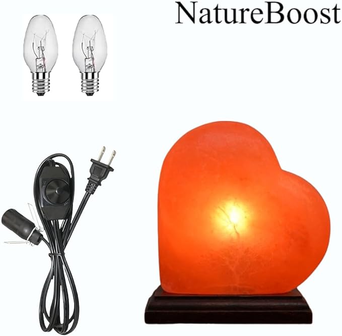 NB Himalayan Pink Salt Lamp – Heart Shape with Dimmer Switch & 2 Bulbs – Hand-Carved Rock Salt Lamp from Pakistan – Romantic Glow for Bedroom, Gift & Home Décor, Unique Gift Idea