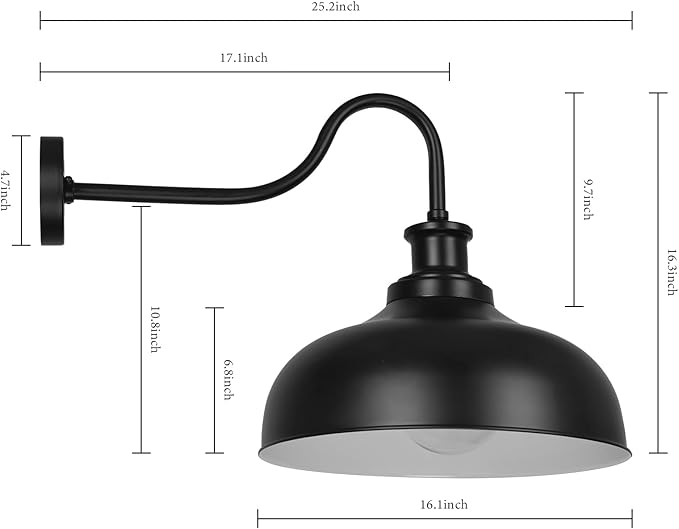 Outdoor Gooseneck Barn Light,16 Inch Dome Wall Sconce Farmhouse Exterior Mount Light Vintage Lighting Fixture Industrial Lantern, Entryway, Garage, 2 Pack, Black+White, (RZ007L-2 BK+WH)