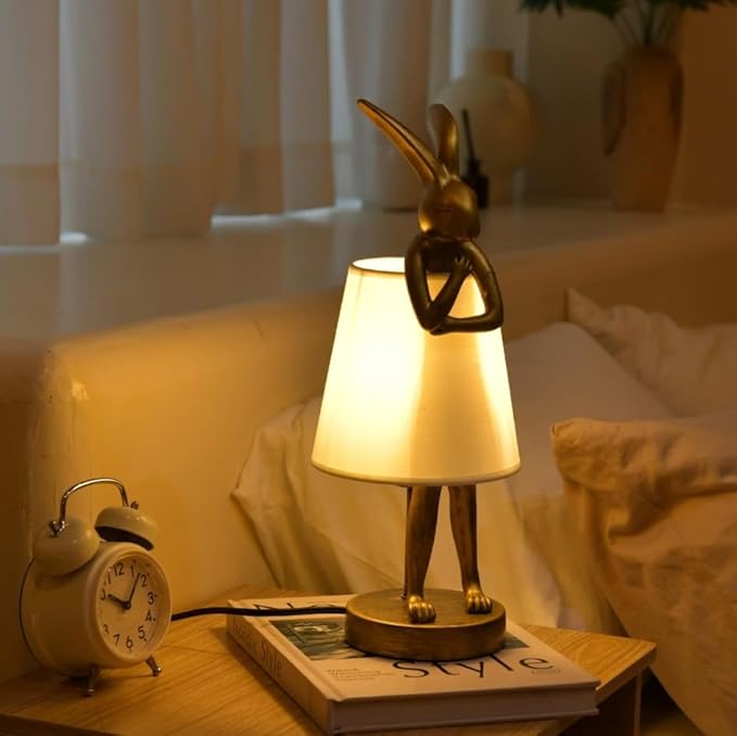 YHT Bunny Table Lamp, Cute Animal Rabbit Lamp,Bunny Lamps,15.7" Vintage LED Desk Light with Linen Lampshade,Gold Main Part Beside Lamp for Bedroom, Study Room, Office, Nursery, Home Decor (White)