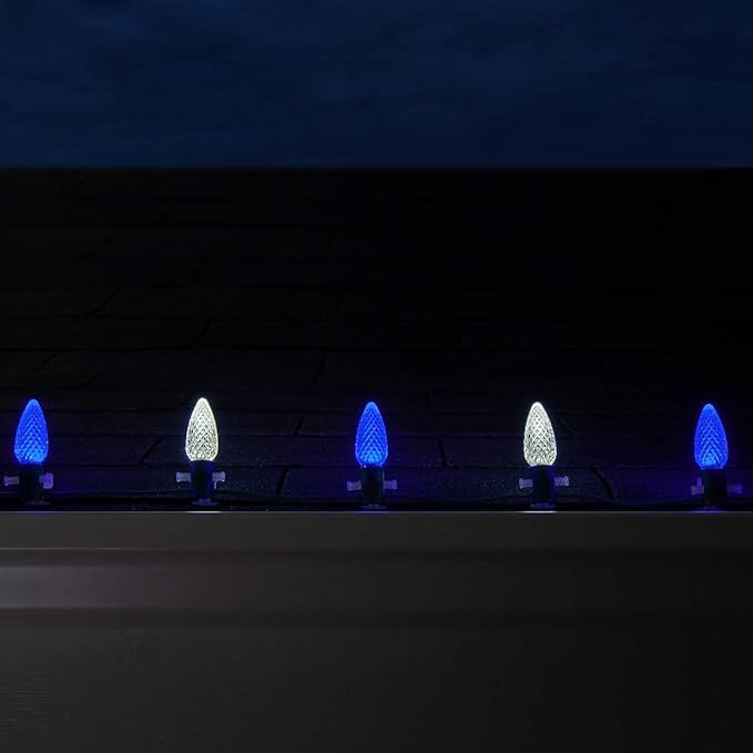 Wintergreen Lighting C9 OptiCore LED Blue & White Commercial Outdoor Christmas Lights – Heavy Duty Bulbs on 18 Gauge Green Wire for Holiday Displays (100 Lights, 100 ft, Blue/Cool White)